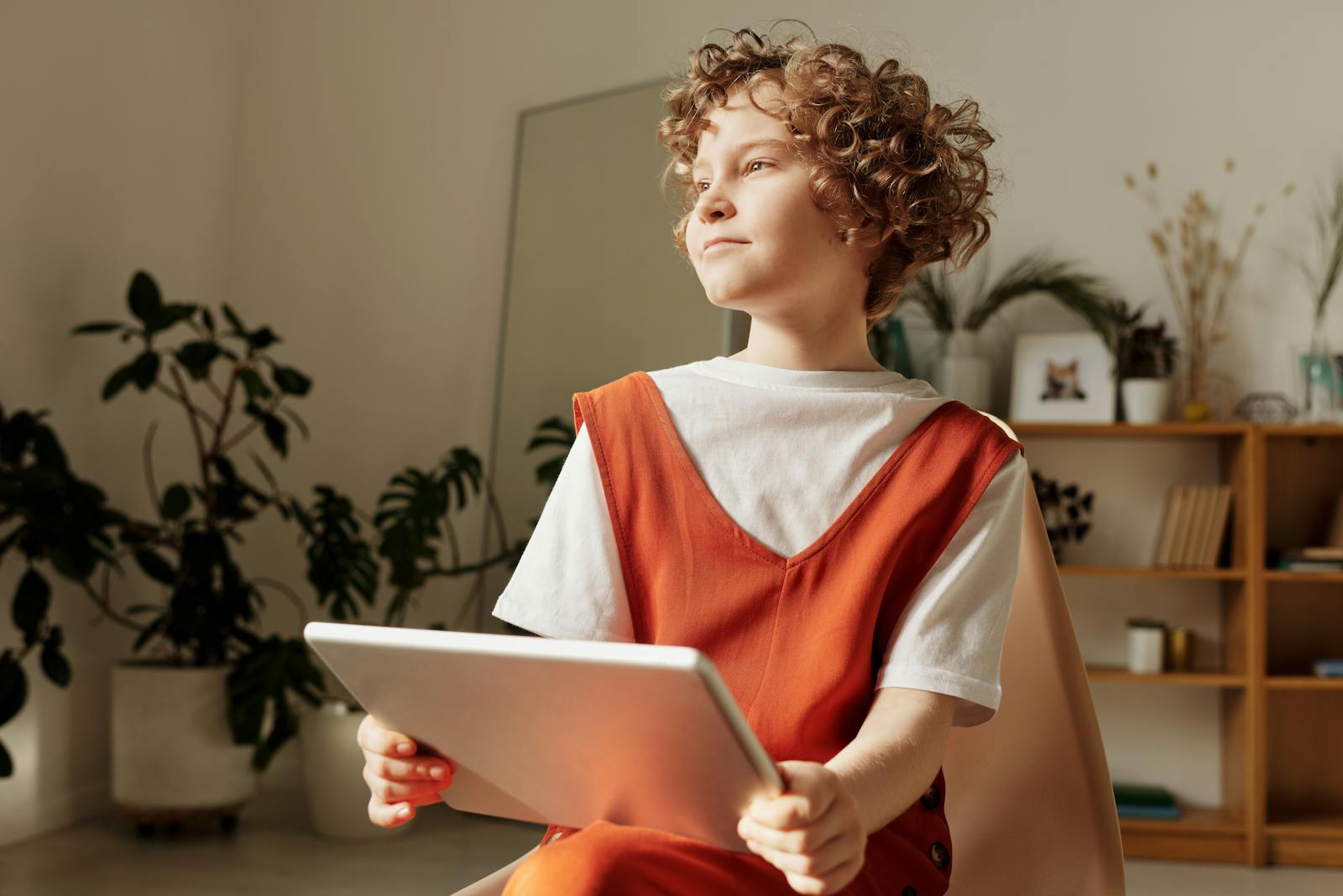 A young boy sits indoors holding a tablet, deep in thought, within a cozy home setting.